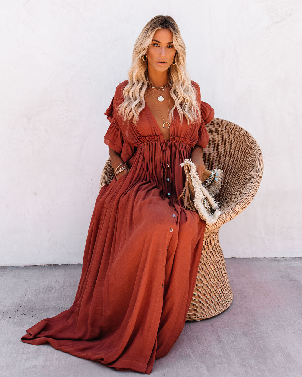 Anika Pocketed Button Down Ruffle Maxi Dress Terracotta