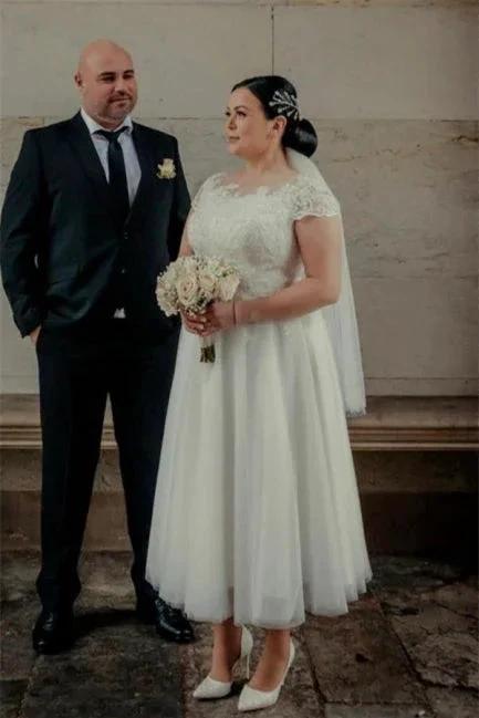 Ankle Length White Tulle Wedding Dress with Cap Sleeves (ZD14629)