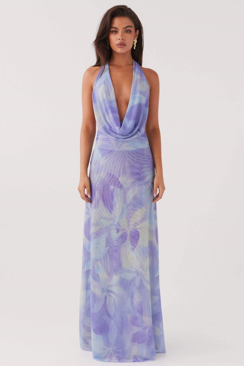 Petra Minimalist Printed Halterneck Maxi Dress Premium Wardrobe Essential
