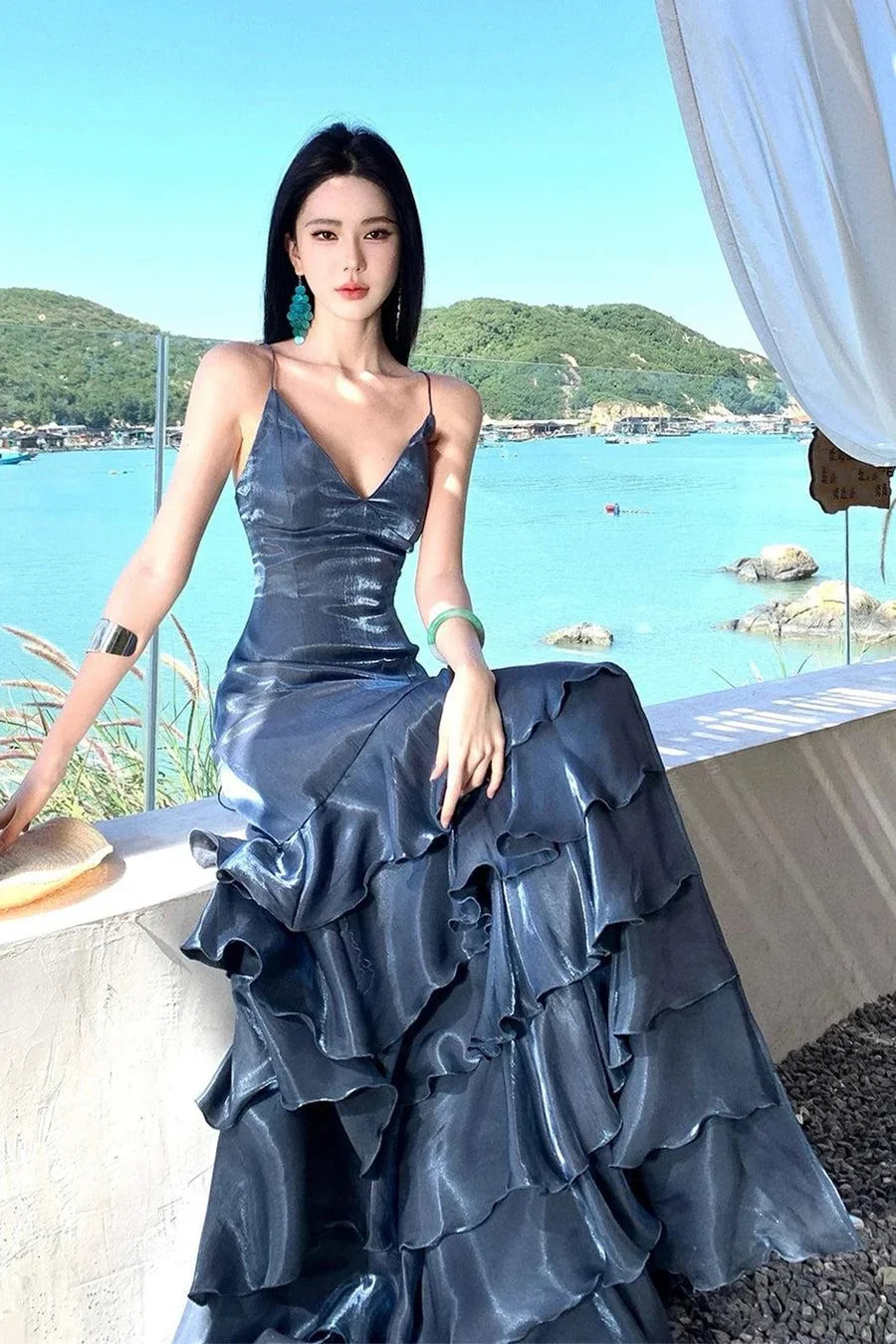 Elegant Deep Slate Blue Spaghetti Strap High-Slit Crisscross Lace-Up Open Back Tiered Satin Long Prom & Evening Dress - View 8 | FashionDia