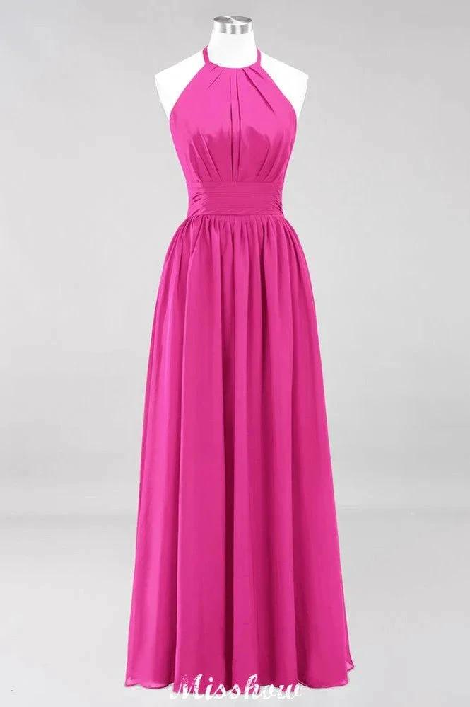 Appliques Halter Sleeveless Floor-Length Bridesmaid Dresses with Ruffles A-line Chiffon Evening Maxi Dress by misshow.com