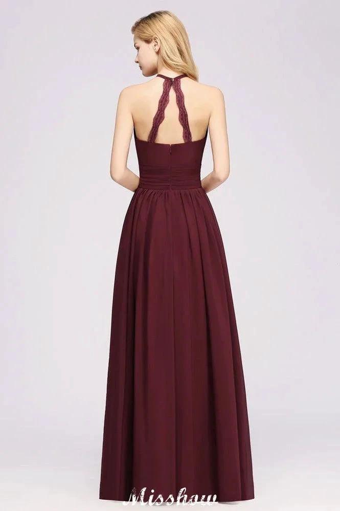 Appliques Halter Sleeveless Floor-Length Bridesmaid Dresses with Ruffles A-line Chiffon Evening Maxi Dress (ZD12918)