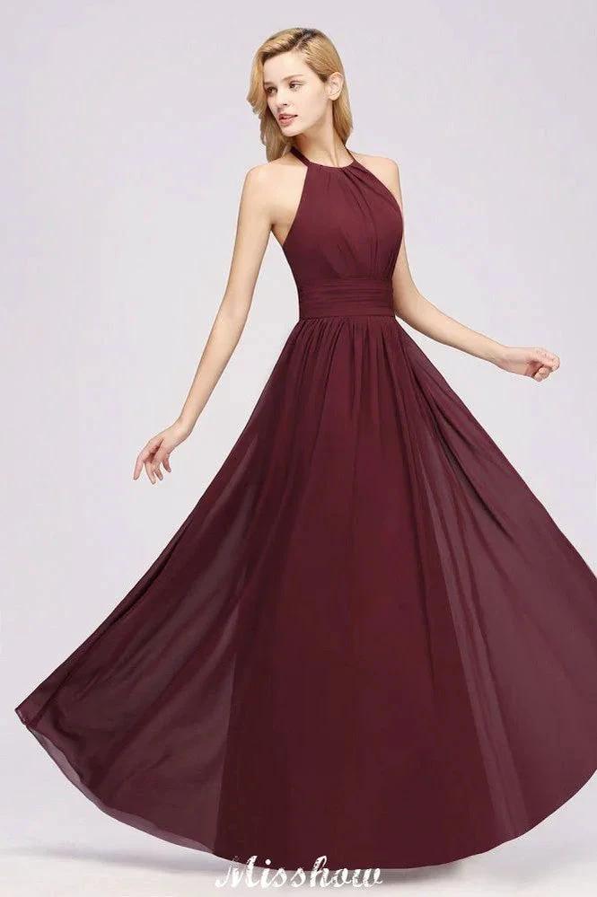 Appliques Halter Sleeveless Floor-Length Bridesmaid Dresses with Ruffles A-line Chiffon Evening Maxi Dress by misshow.com