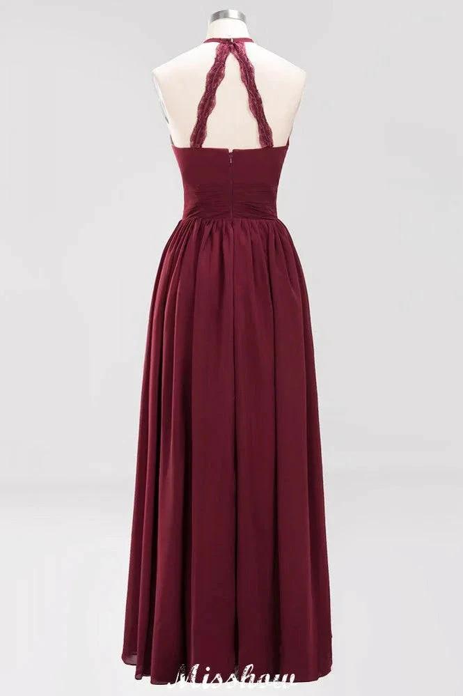 Appliques Halter Sleeveless Floor-Length Bridesmaid Dresses with Ruffles A-line Chiffon Evening Maxi Dress (ZD12918)