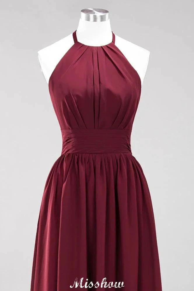 Appliques Halter Sleeveless Floor-Length Bridesmaid Dresses with Ruffles A-line Chiffon Evening Maxi Dress (ZD12918)