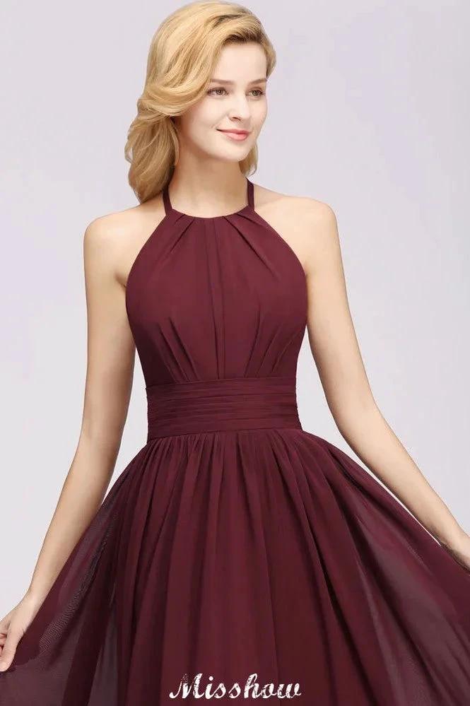 Appliques Halter Sleeveless Floor-Length Bridesmaid Dresses with Ruffles A-line Chiffon Evening Maxi Dress (ZD12918)