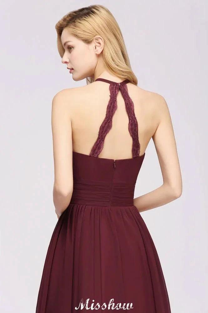 Appliques Halter Sleeveless Floor-Length Bridesmaid Dresses with Ruffles A-line Chiffon Evening Maxi Dress (ZD12918)