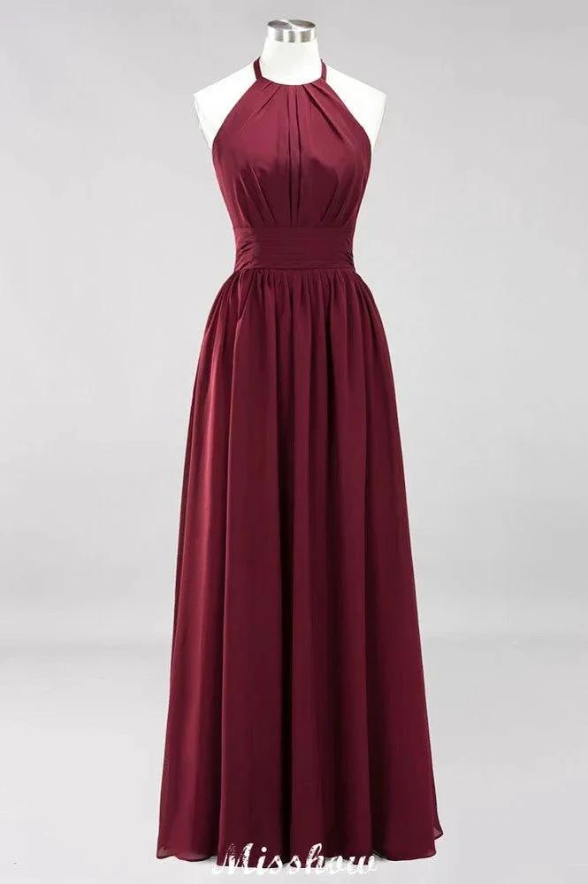 Appliques Halter Sleeveless Floor-Length Bridesmaid Dresses with Ruffles A-line Chiffon Evening Maxi Dress (ZD12918)