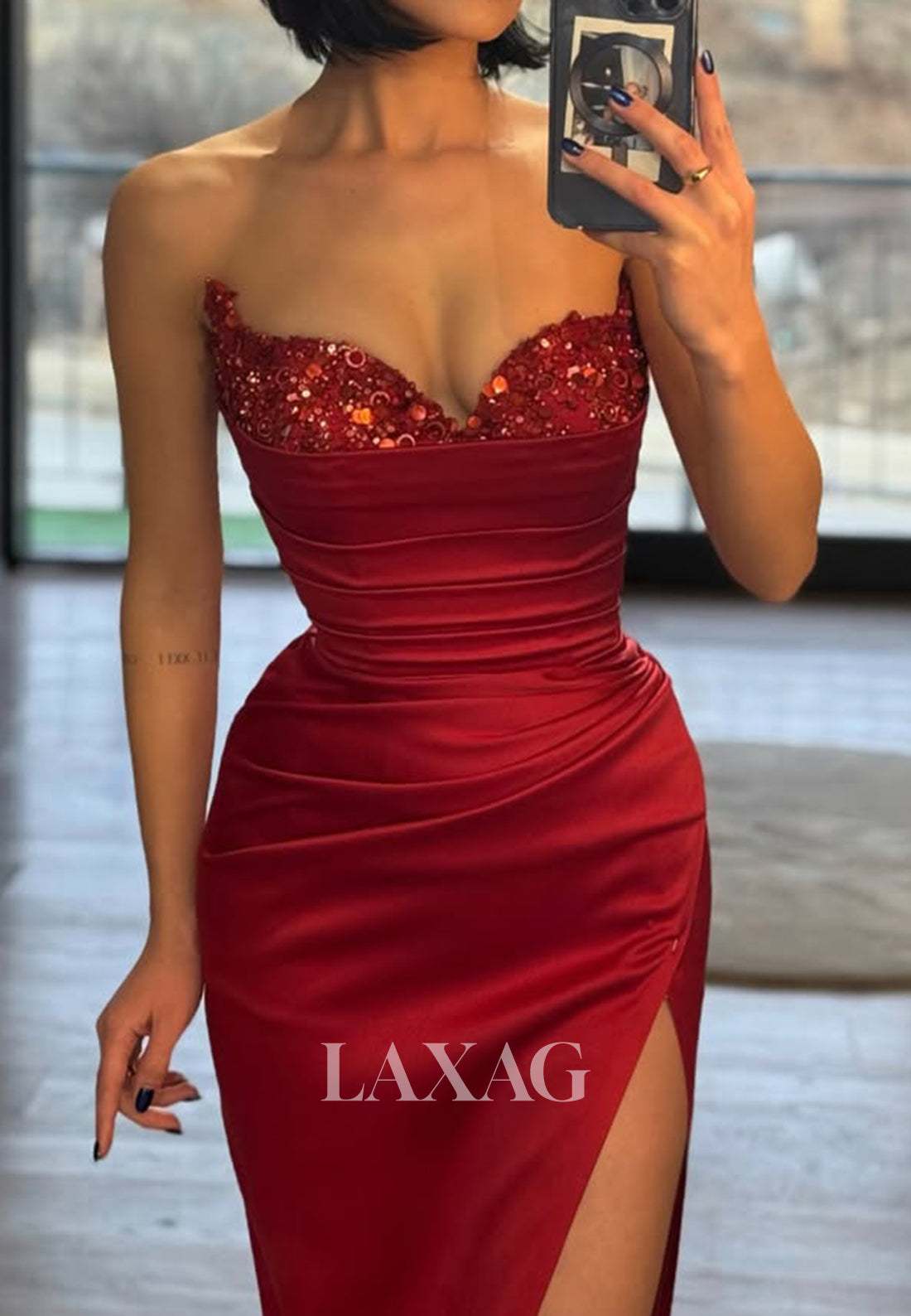 Sweetheart Beaded Sequined Pleated Party Gowns Off-Shoulder Puff-Sleeves Satin Mermaid Prom Dress