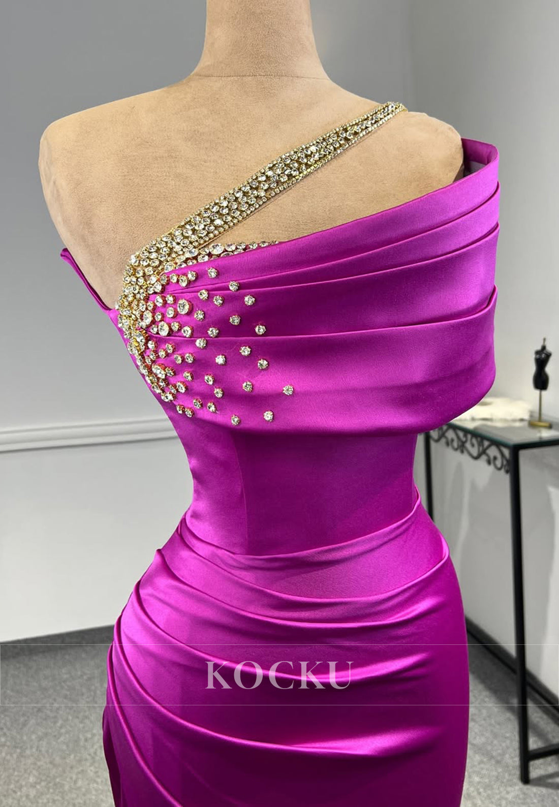 Beaded One Shoulder Sleeveless Empire Waist Satin Party Prom Dress with Slit