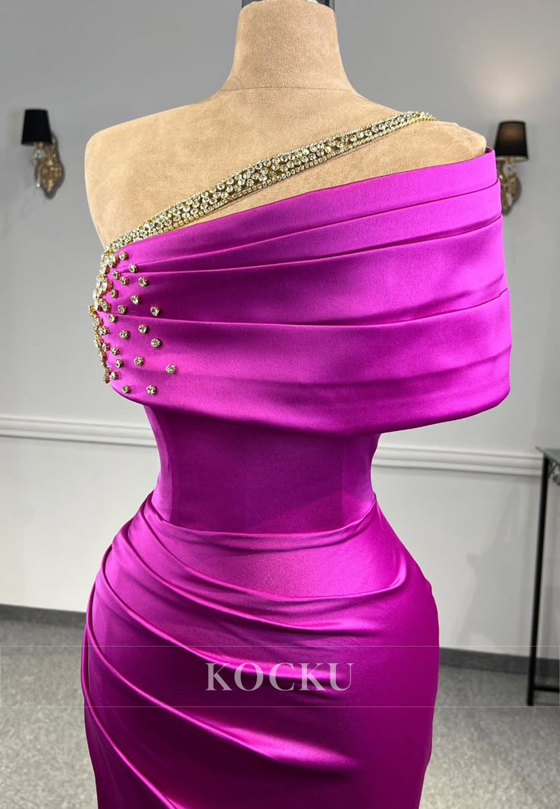 Beaded One Shoulder Sleeveless Empire Waist Satin Party Prom Dress with Slit