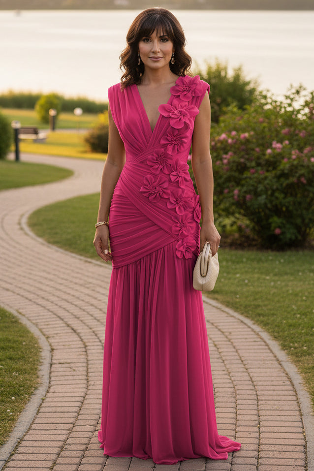 Ruched Floral Appliqué Floor-Length Evening Gown