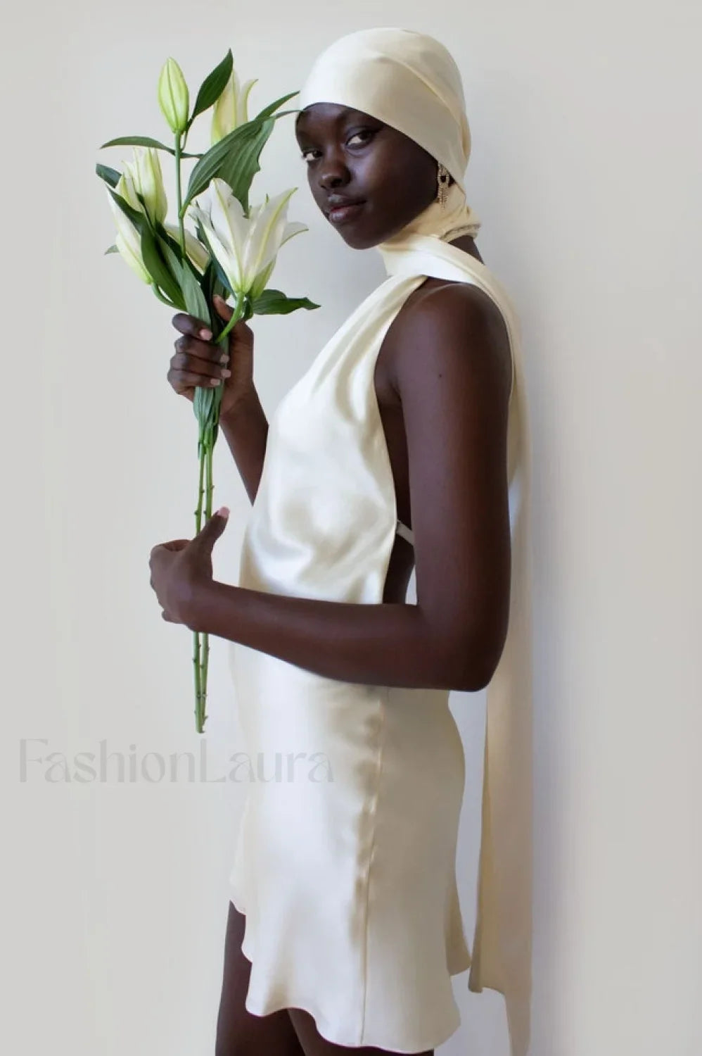 Astrella Neck Wrap Charming Midi A Line Dress L / Ivory
