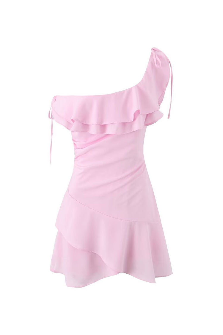 Asymmetric Bow Tie One Shoulder Ruched Tiered Ruffle Party Mini Dress - Fashionpara