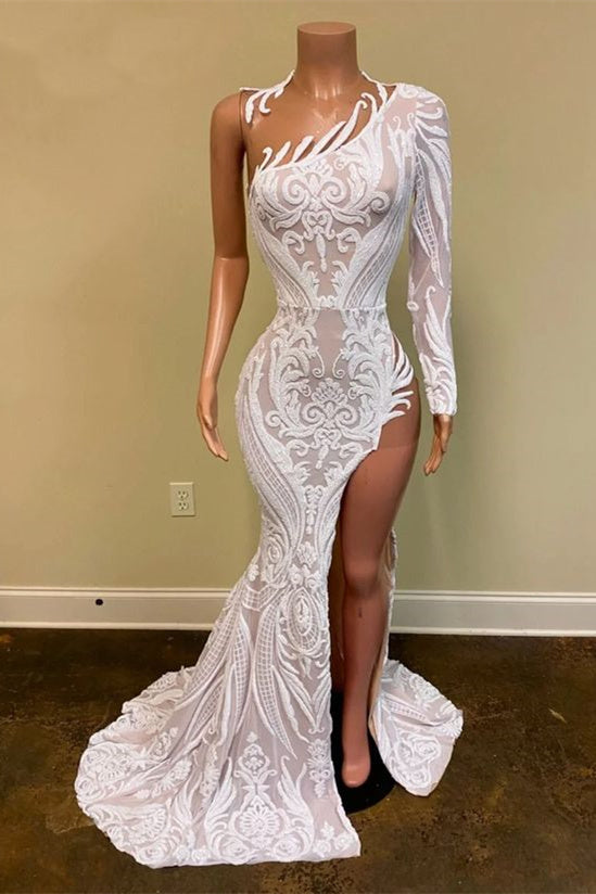 Asymmetrical Mermaid High Split One-Shoulder Floor-Length Long Sleeve Appliques Lace Prom Dress