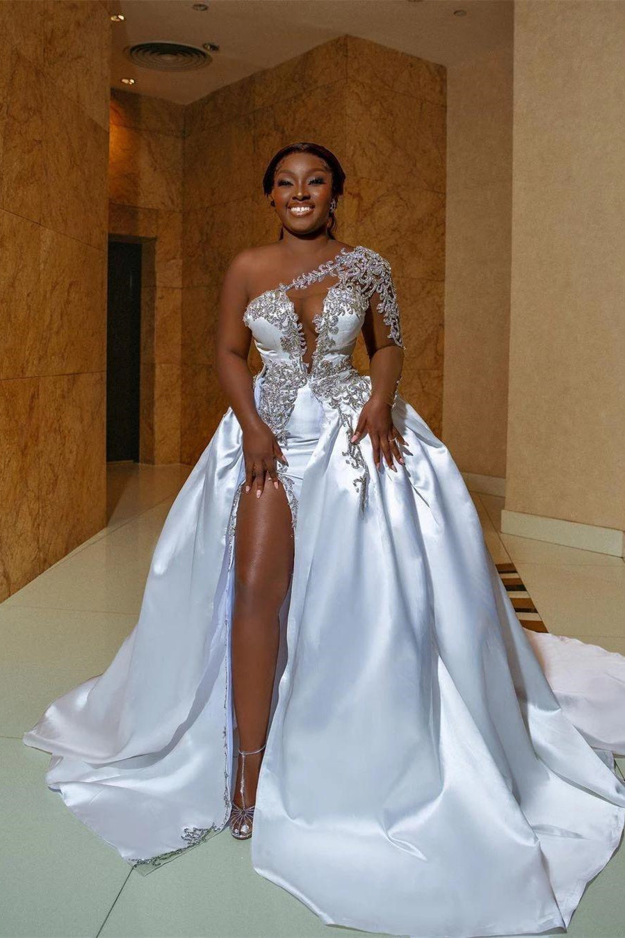 Asymmetrical Mermaid High Split One-Shoulder Floor-Length Long Sleeve Open Back Appliques Lace Wedding Dresses