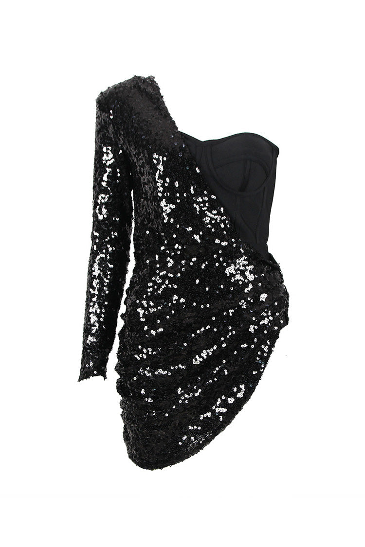 Asymmetrical One Shoulder Draped Ruched Bodysuit Sequin Party Mini Dress - Fashionpara
