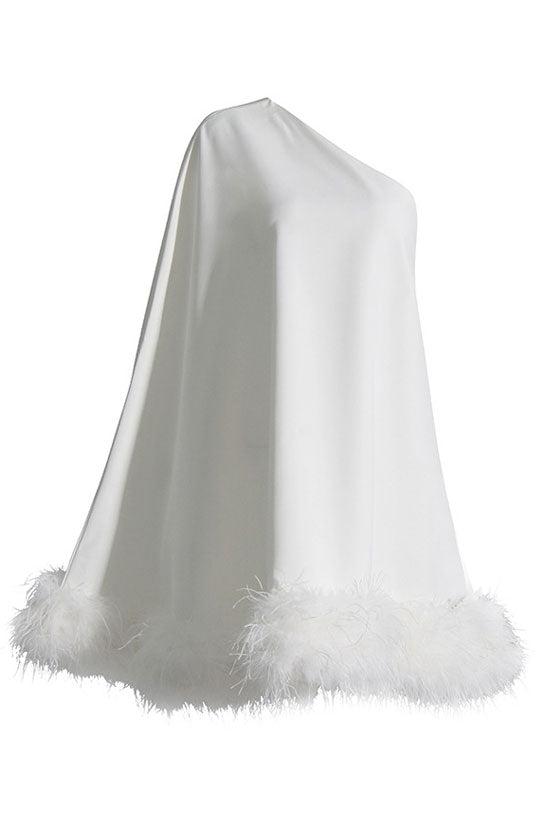 Asymmetrical One Shoulder Feather Trim A Line Party Mini Dress - White - Fashionpara