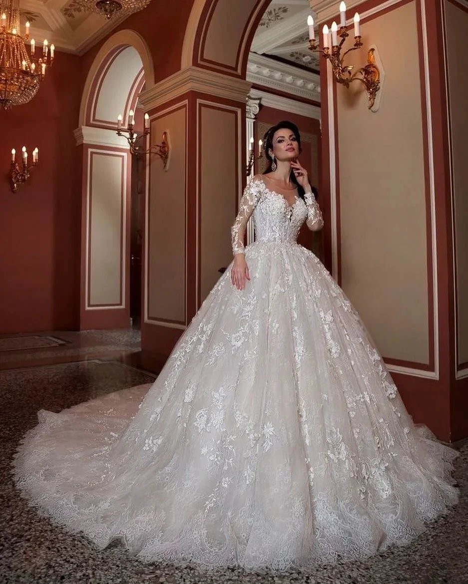 Attractive Long A-Line Bateau Beading Appliques Lace Train Wedding Dress with Sleeves (ZD14310)