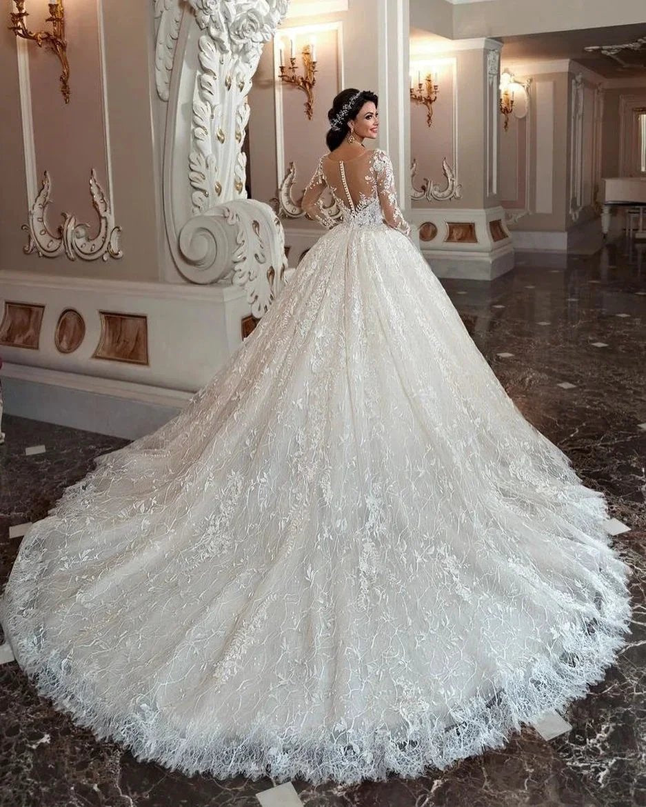 Attractive Long A-Line Bateau Beading Appliques Lace Train Wedding Dress with Sleeves (ZD14310)