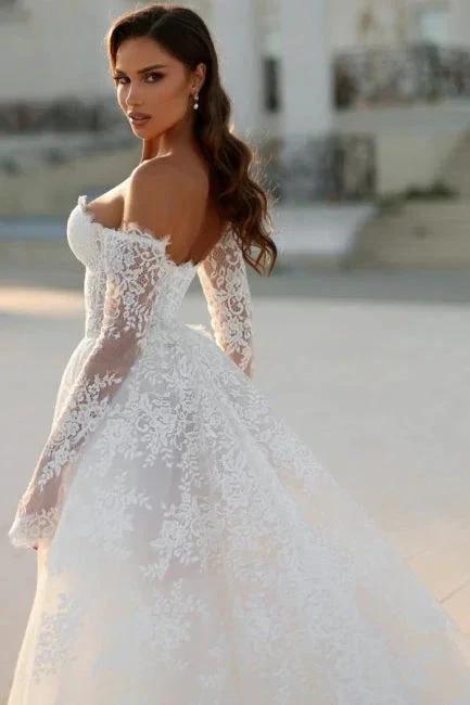 Attractive Long White A-line Off-the-shoulder Lace Wedding Dress with Long Sleeves (ZD16660) - View 4 | VelvetHem