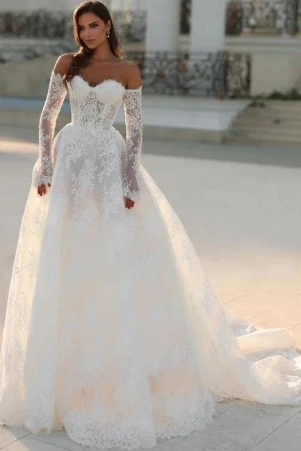 Attractive Long White A-line Off-the-shoulder Lace Wedding Dress with Long Sleeves (ZD16660)