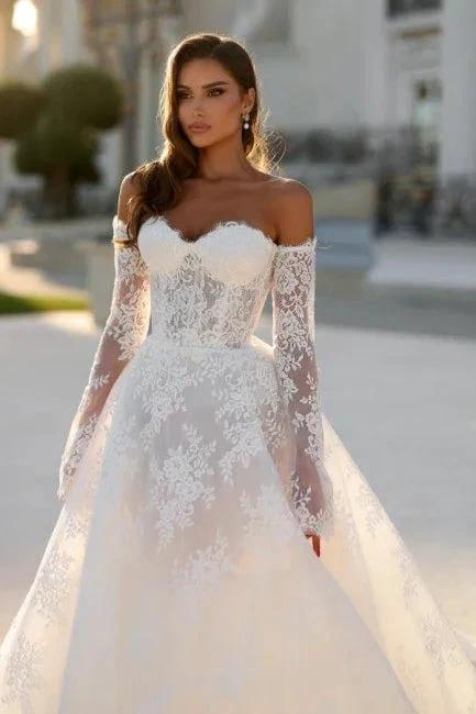 Attractive Long White A-line Off-the-shoulder Lace Wedding Dress with Long Sleeves (ZD16660)