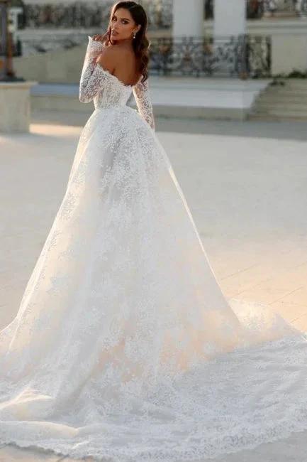 Attractive Long White A-line Off-the-shoulder Lace Wedding Dress with Long Sleeves (ZD16660)