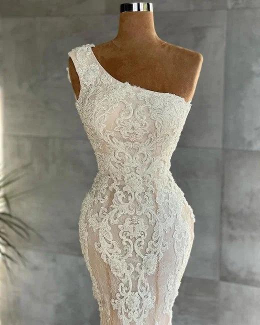 Attractive One Shoulder Appliques Lace Floor-length Mermaid Wedding Dress (ZD14686)