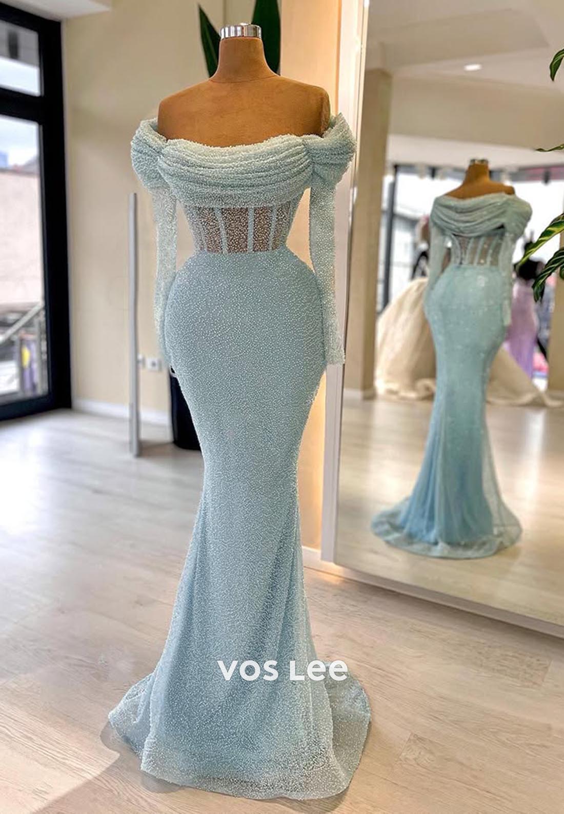 Long Sleeves Ruched Fully Beaded Sparkle Mermaid Simple Long Prom Party Dresses