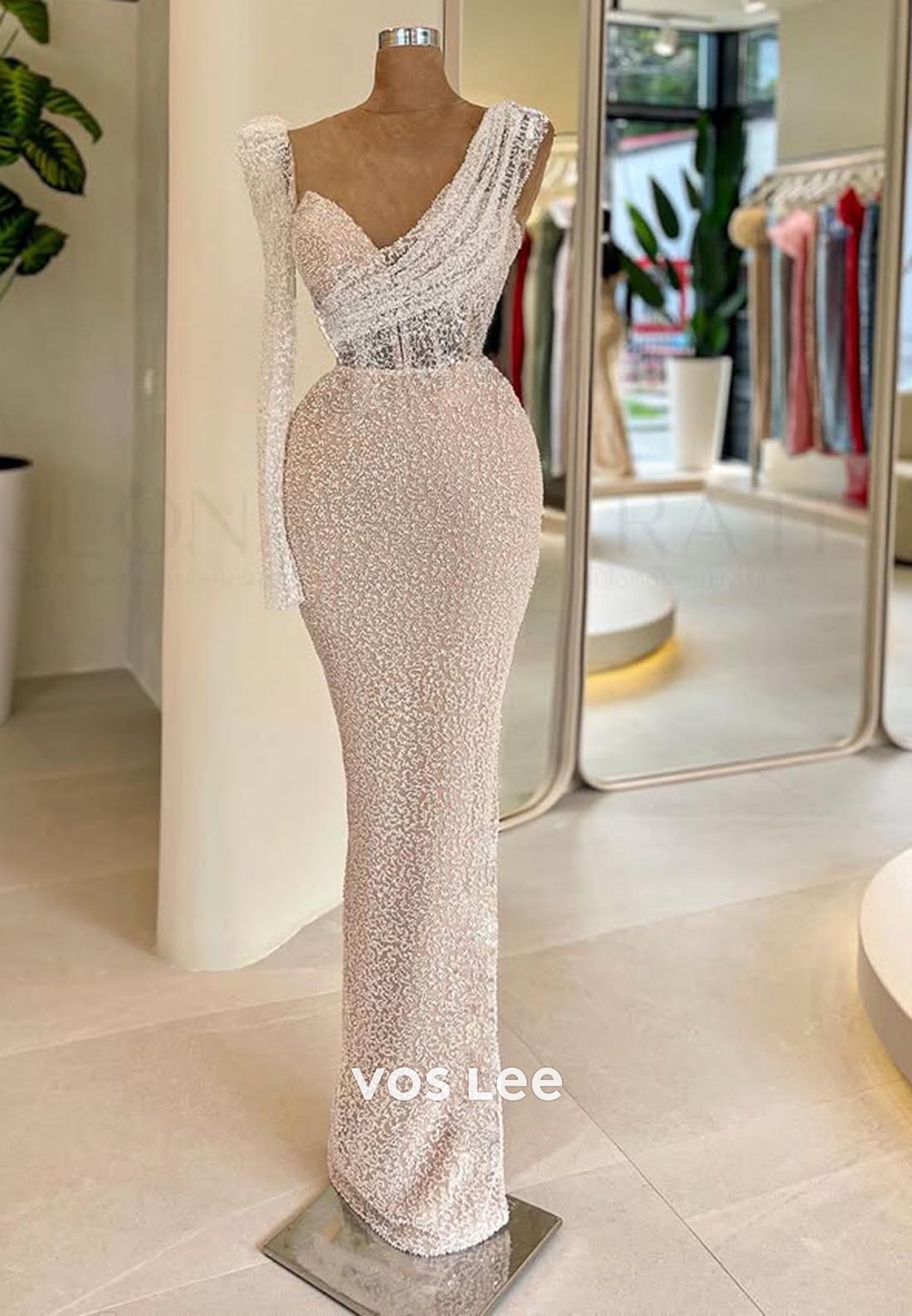 Long Sleeves One Shoulder Mermaid Lace Long Prom Party Dresses