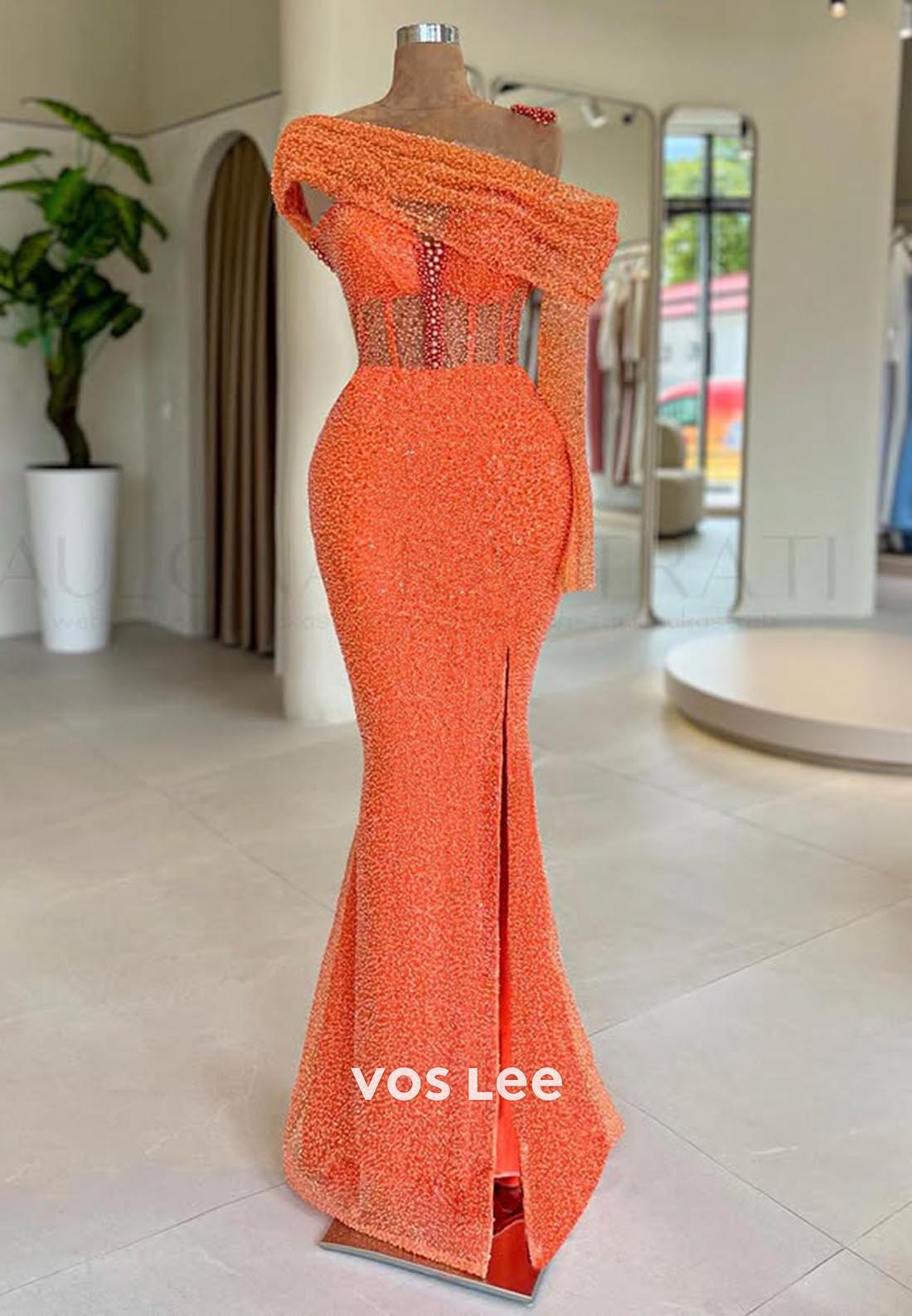Semi Formal One Shoulder Mermaid Split Pearls Long Evening Prom Dresses