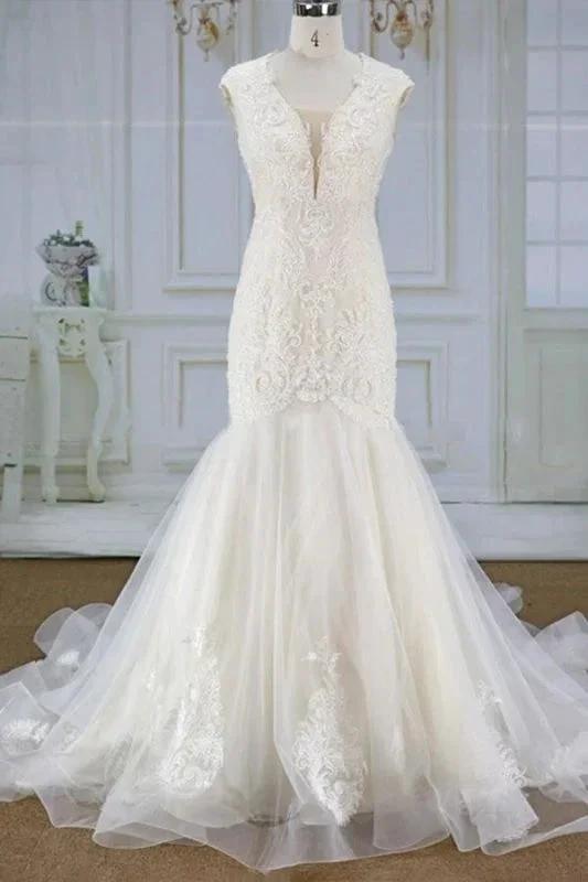 Awesome Appliques Tulle Mermaid Elegant Wedding Dresses (ZD14744)