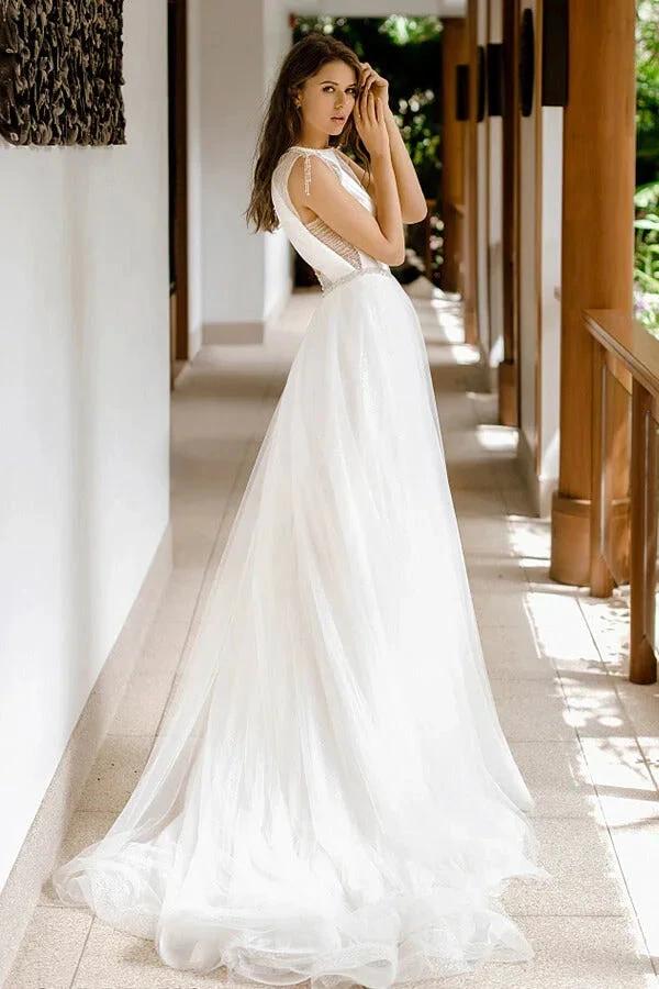 Awesome Long A-line Beading Tulle Open Back Wedding Dress (ZD14372)