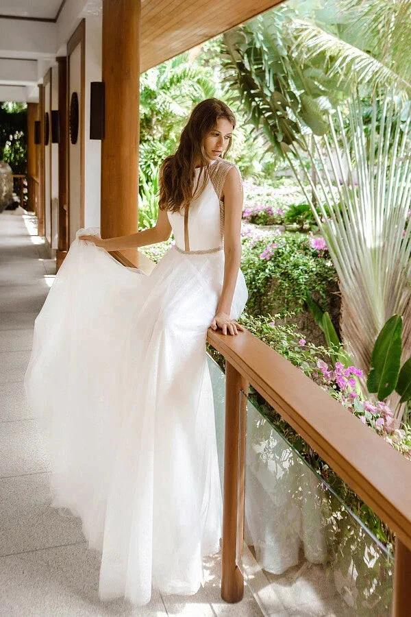 Awesome Long A-line Beading Tulle Open Back Wedding Dress (ZD14372)