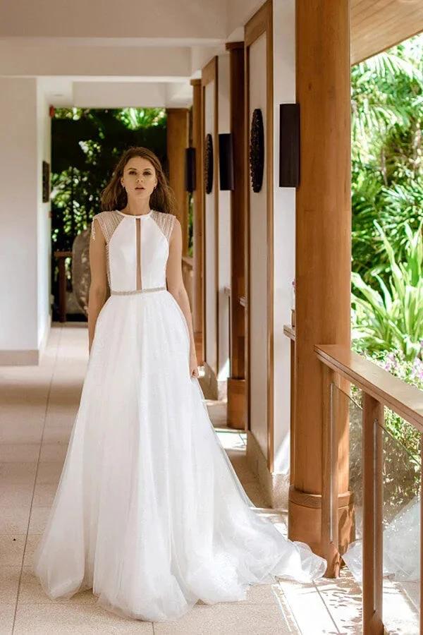 Awesome Long A-line Beading Tulle Open Back Wedding Dress (ZD14372)