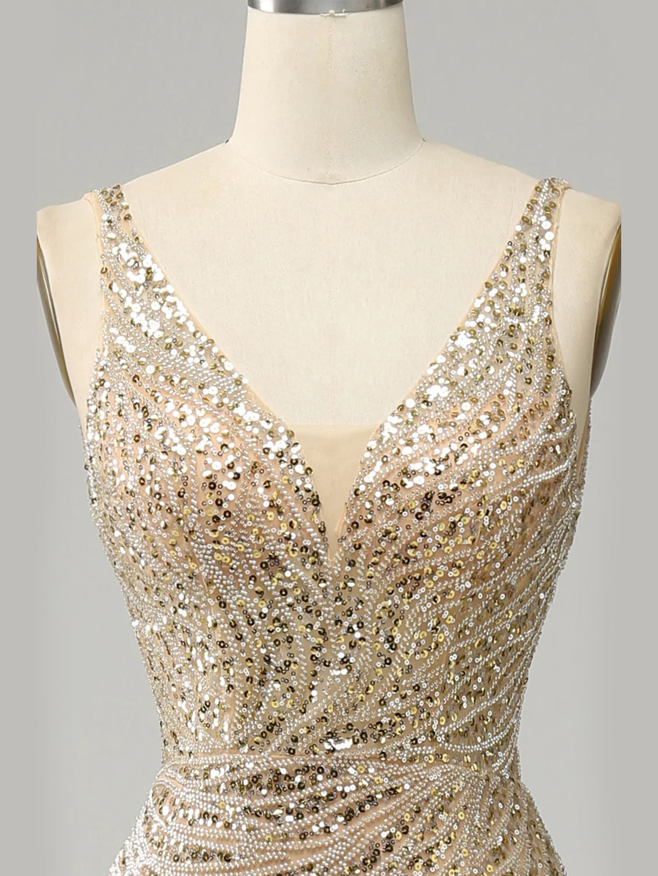 Golden Deep V Neck Stripes Backless Sleeveless Long Prom Dress - Fashionpara