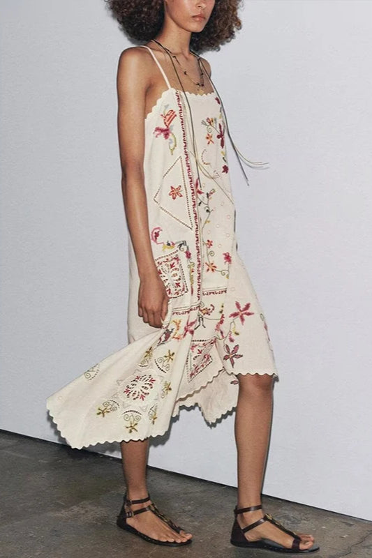 Floral Embroidered Asymmetric Dress with Relaxed Fit and Smart Casual Fashion