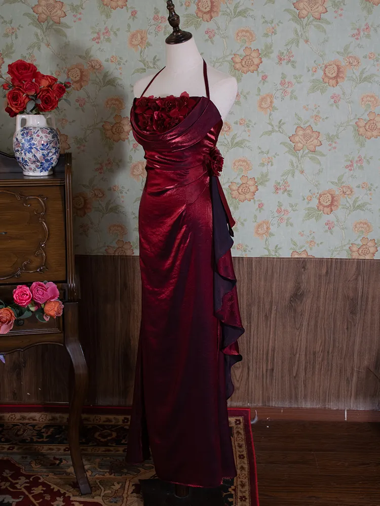 Vintage Burgundy Floral Long Prom Dress Halter Party Evening Gown - FashionDia