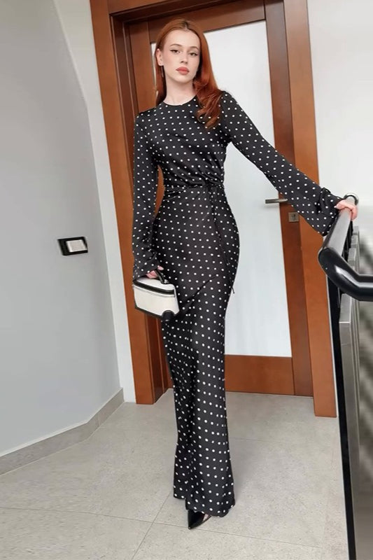 Polka Dot Black Long Sleeve Waist Tie Maxi Dress - VelvetHem