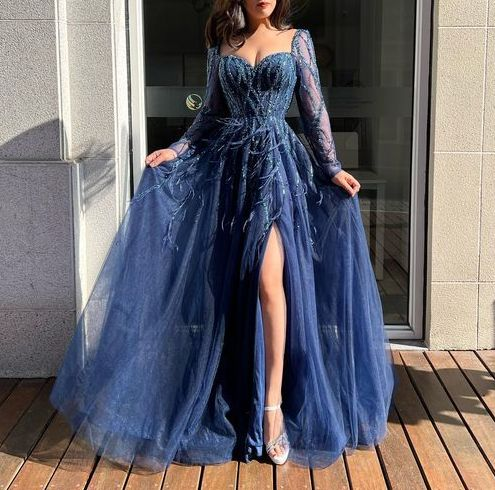 Luxurious Blue Slit Long Party Dress Evening Dress With Feathers