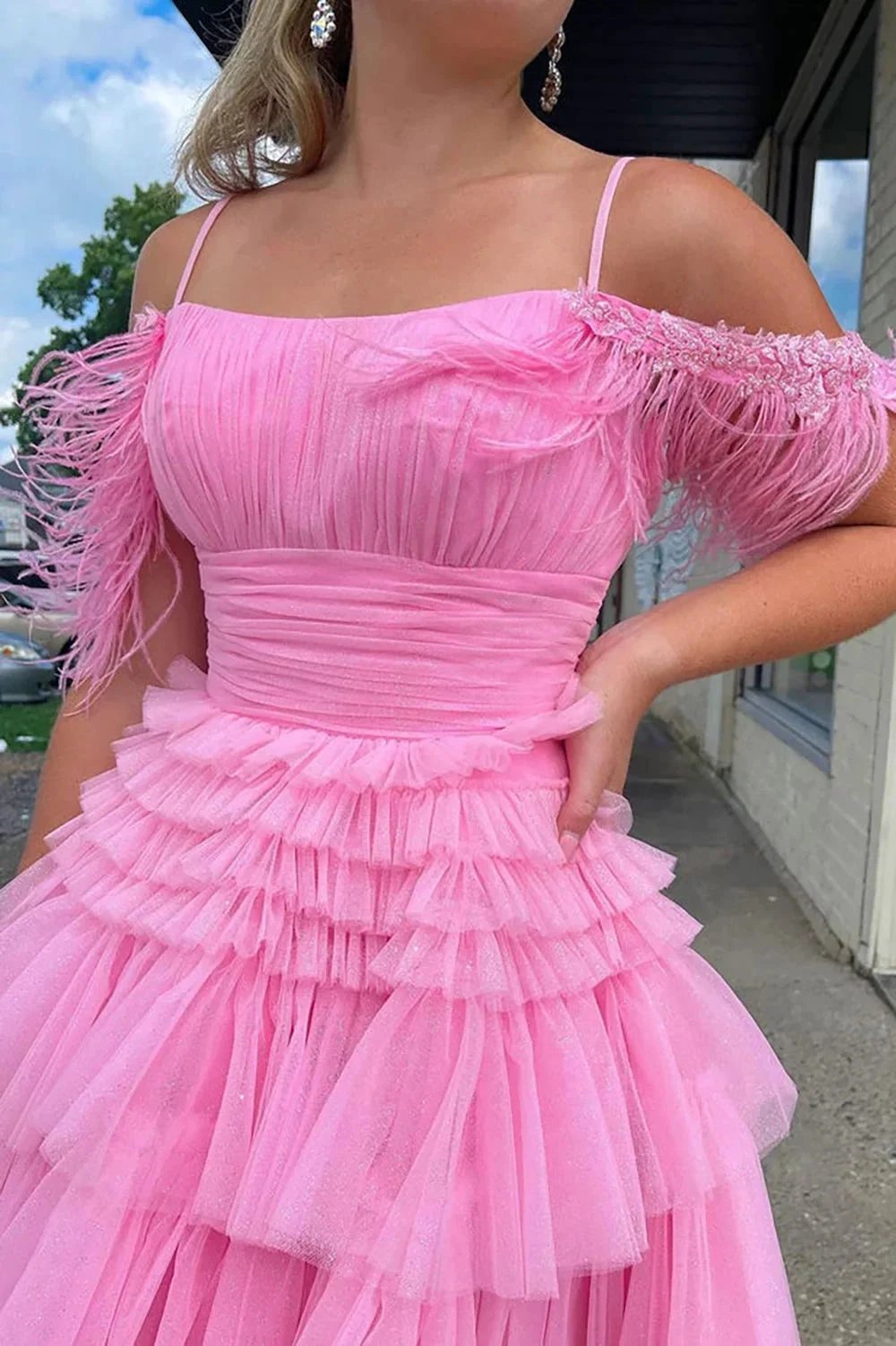 Cute Pink A Line Feather Tulle Homecoming Dresses (ZD11447)