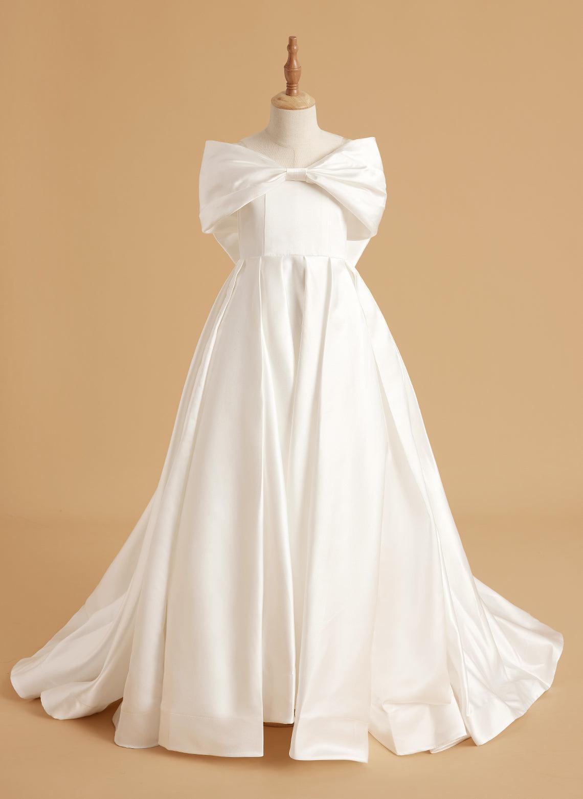 Elegant Ivory Satin Princess Ball Gown with Sweep Train and Bow for Flower Girls - View 6 | VelvetHem