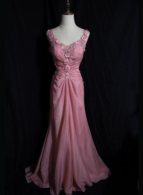 Pink Backless 3d Flower Long Prom Dress Vintage Evening Dress J7890