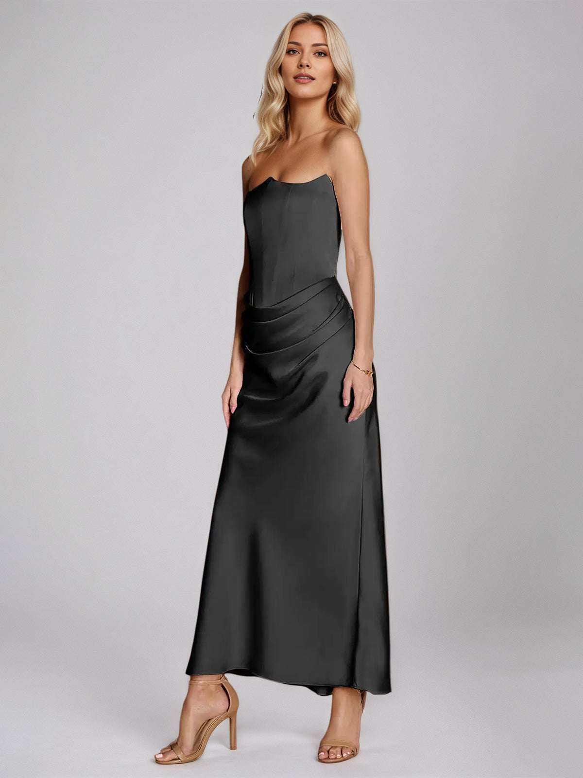 Black Satin Sheath/Column Off-the-Shoulder Sleeveless Floor-Length Dress - View 3 | FashionDia
