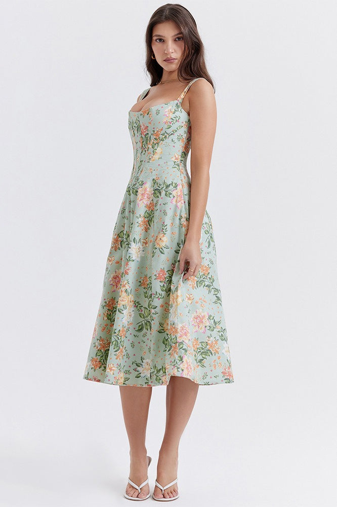 Floral Boned Spaghetti Strap Party Dress - View 9 | VelvetHem