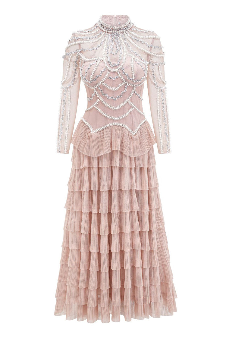 Luxury Crystal Pearl Beaded Drop Waist Tiered Tulle Maxi Evening Dress - View 3 | VelvetHem