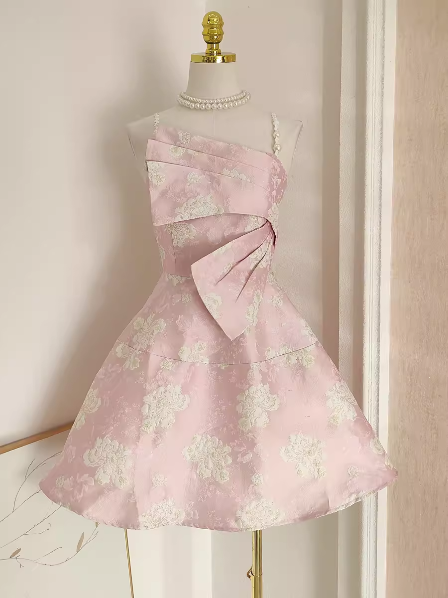 Cute A-Line Spaghetti Straps Pink Satin Holiday Dresses Short Birthday Dress - FashionDia