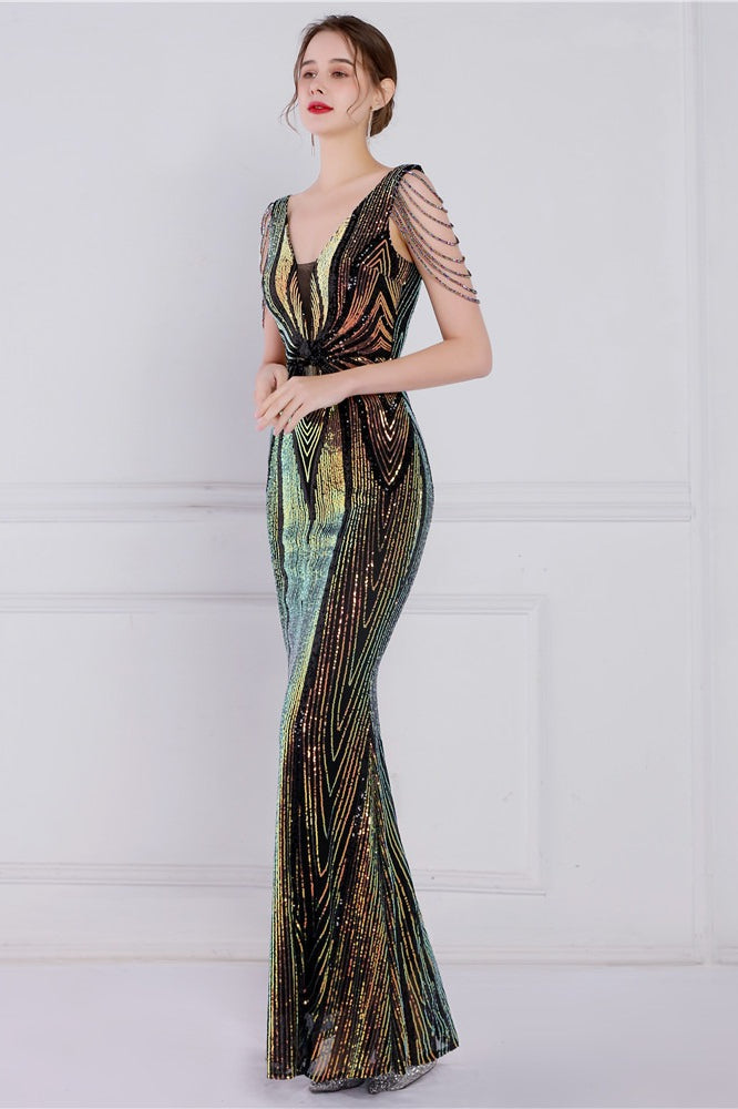 Beaded Floral Sequin Mermaid Party Dress Black / S