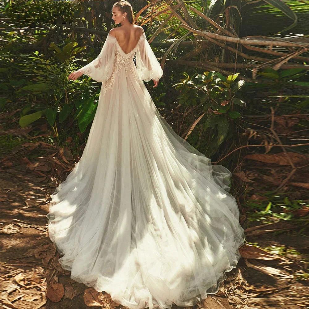 Elegant Sweetheart Neck Puff Long Sleeves Wedding Dress For Women 2023 Backless Tulle Bridal Gown Classic Robe (ZD13424)